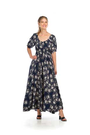 PD-16536 - DOT FLORAL PRINT OTS MAXI DRESS WITH SMOCKING WAIST & POCKETS - Colors: AS SHOWN - Available Sizes:XS-XXL - Catalog Page:19 